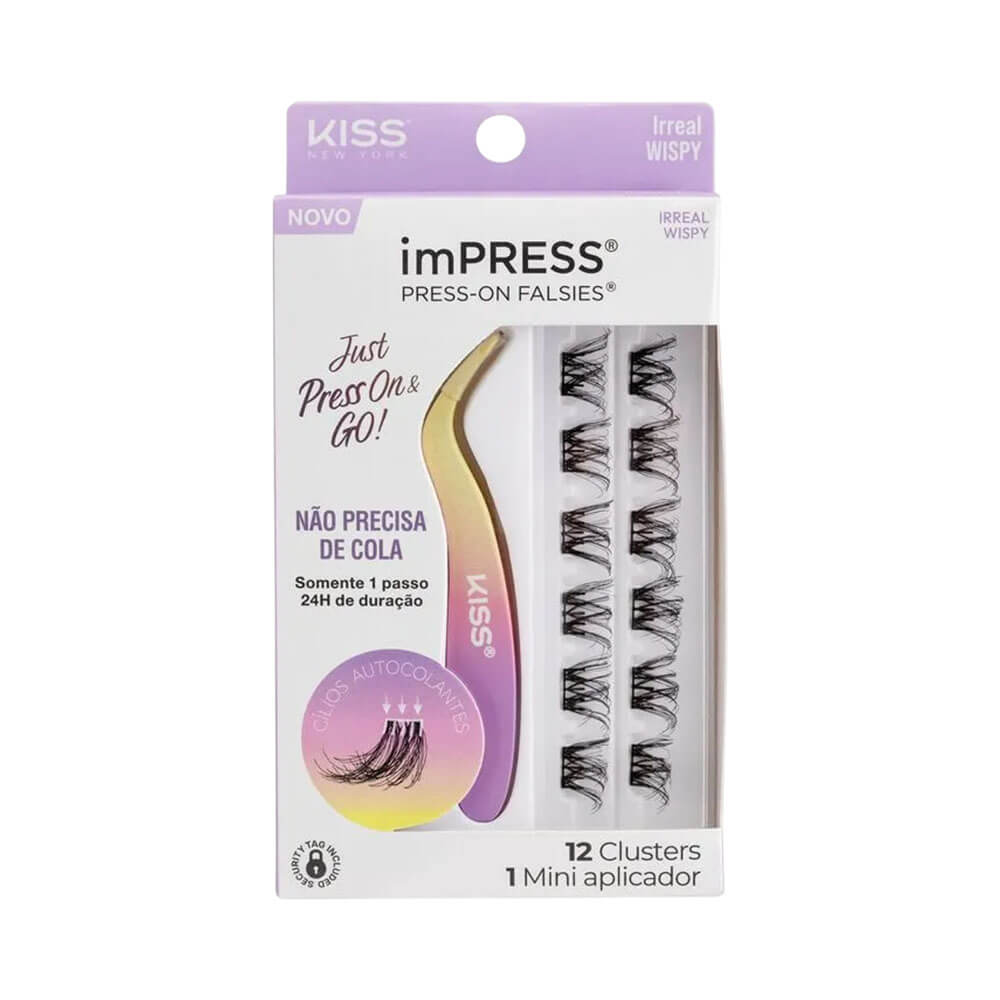 Kit Cílios Kiss New York ImPress Autocolante Press-On Falsies Wispy, embalagem frontal com 12 clusters e mini aplicador