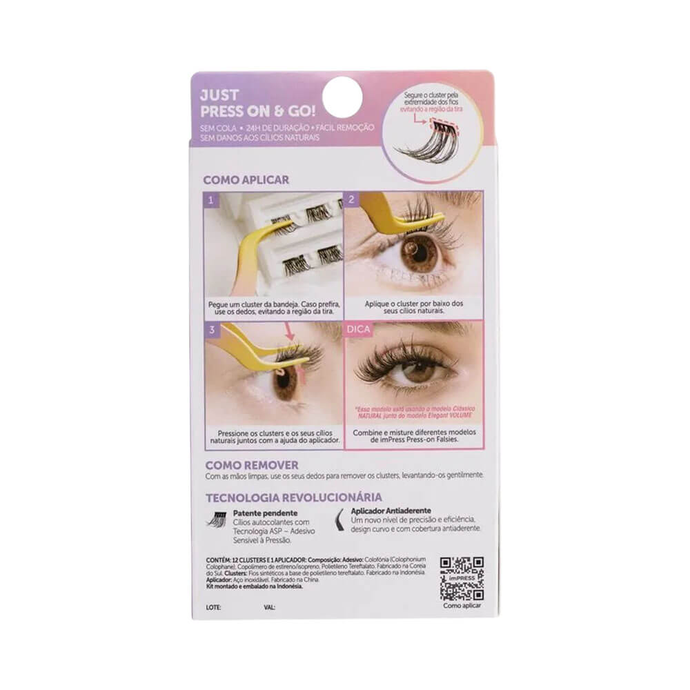 Verso da embalagem do Kit Cílios Kiss New York ImPress com instruções de uso