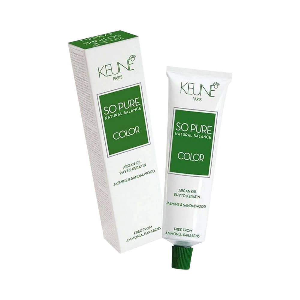 Embalagem da coloração Keune So Pure Color 5.11 Castanho Claro Cinza Intenso com destaque para ingredientes naturais e proteção UV