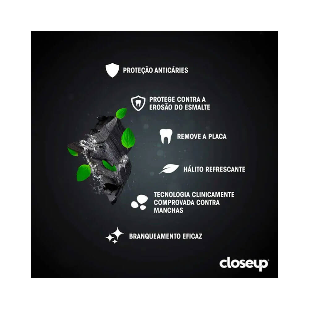 Imagem informativa do Creme Dental Close Up Carvão Ativado Menta 85g com ícones de benefícios
