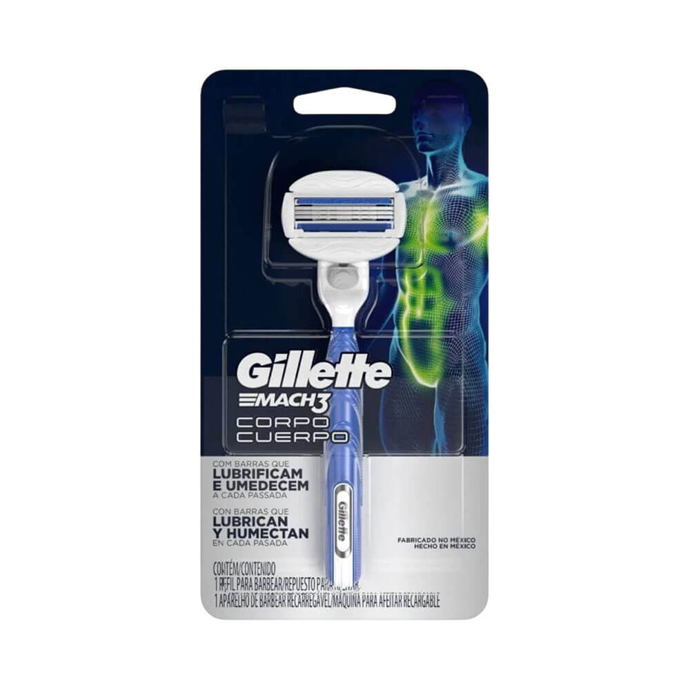 Aparelho de Barbear Gillette Mach3 Corpo em embalagem plástica transparente com fundo preto e azul