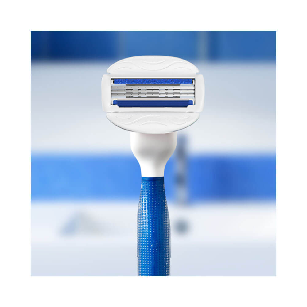 Close-up do aparelho Gillette Mach3 Corpo mostrando as lâminas e barras lubrificantes