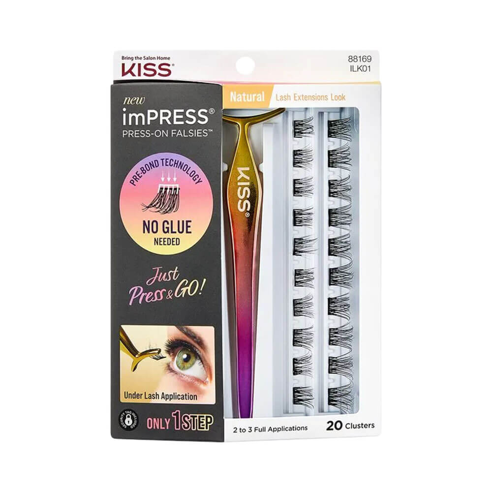 Kit Cílios Kiss New York ImPress Autocolante Press-On Falsies Natural com pinça e clusters de cílios