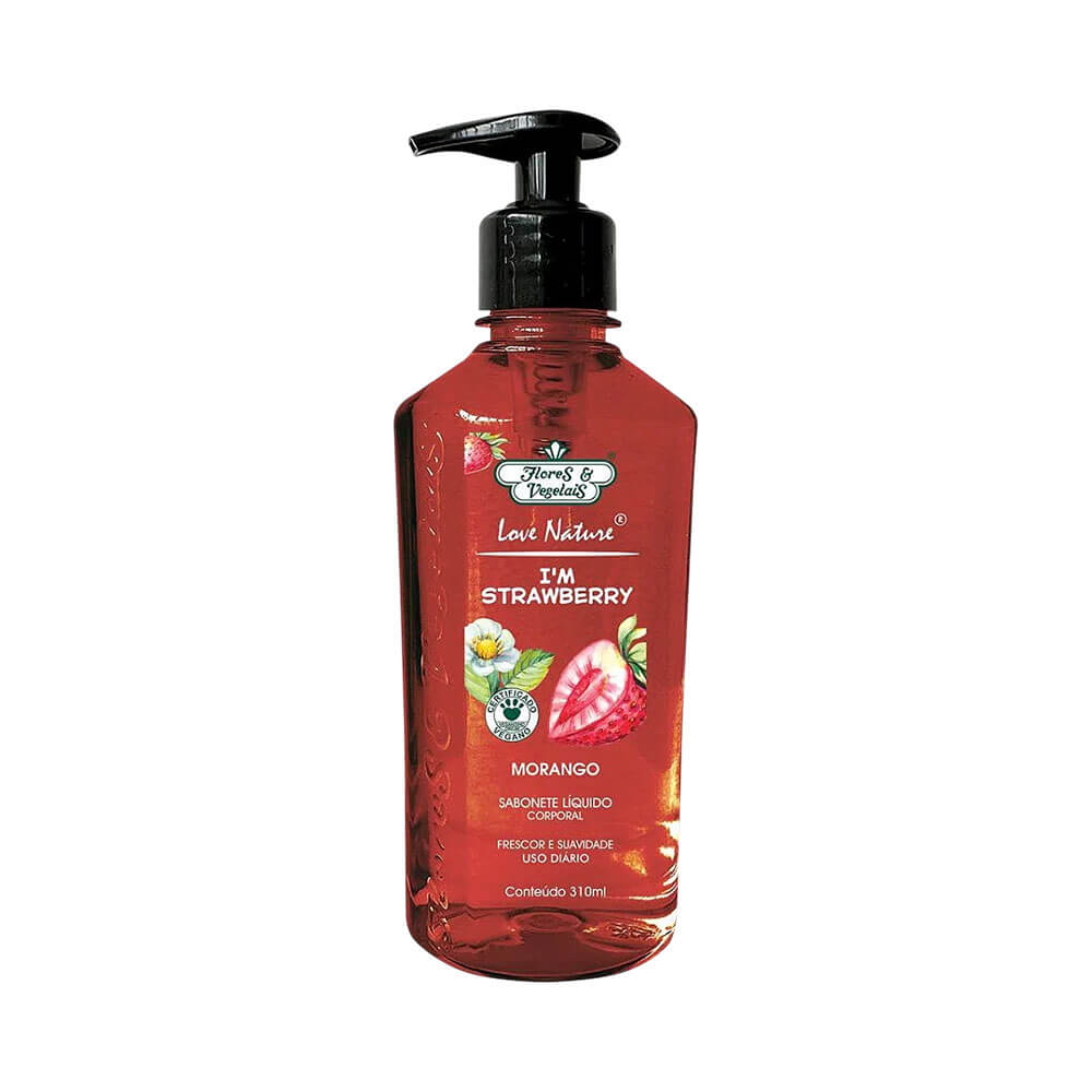 Frontal da embalagem do sabonete líquido Flores & Vegetais Morango, 310ml, com frasco vermelho transparente e válvula pump preta.
