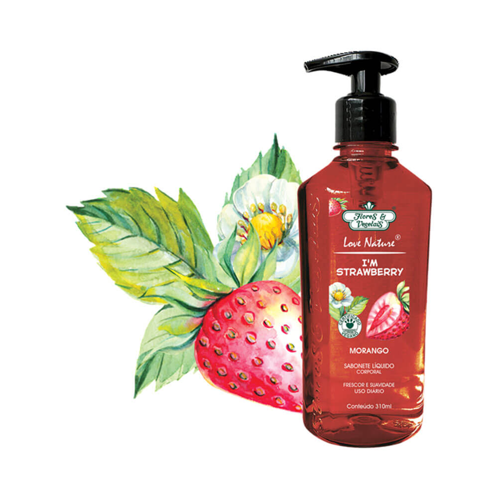 Frasco vermelho translúcido do sabonete Flores & Vegetais Morango 310ml ao lado de ilustração de morango e flor branca.