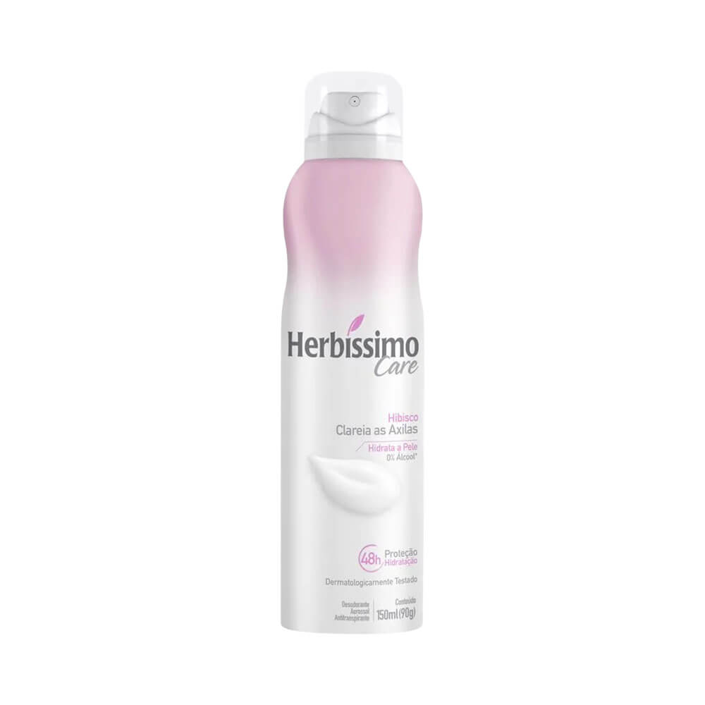 Desodorante Aerosol Herbíssimo Care Hibisco 150ml em embalagem rosa e branco