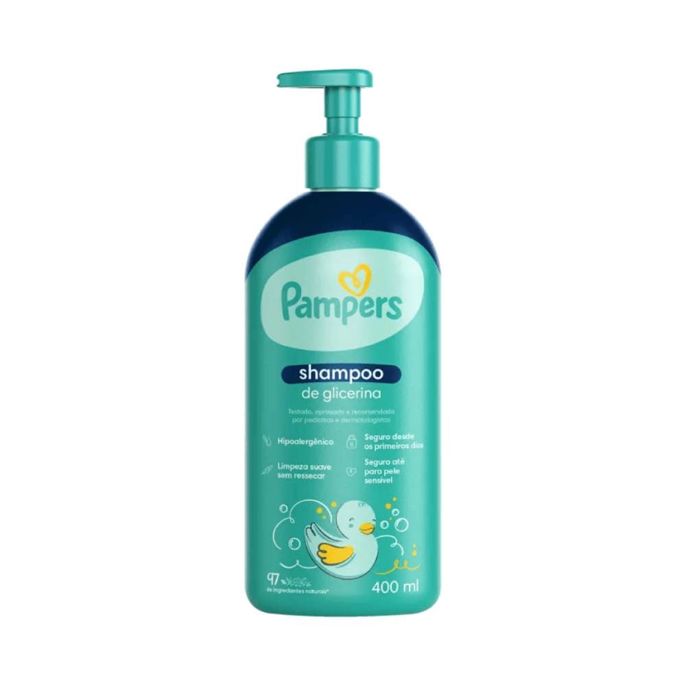 Frasco de Shampoo Pampers Glicerina 400ml com pump azul claro e rótulo verde água