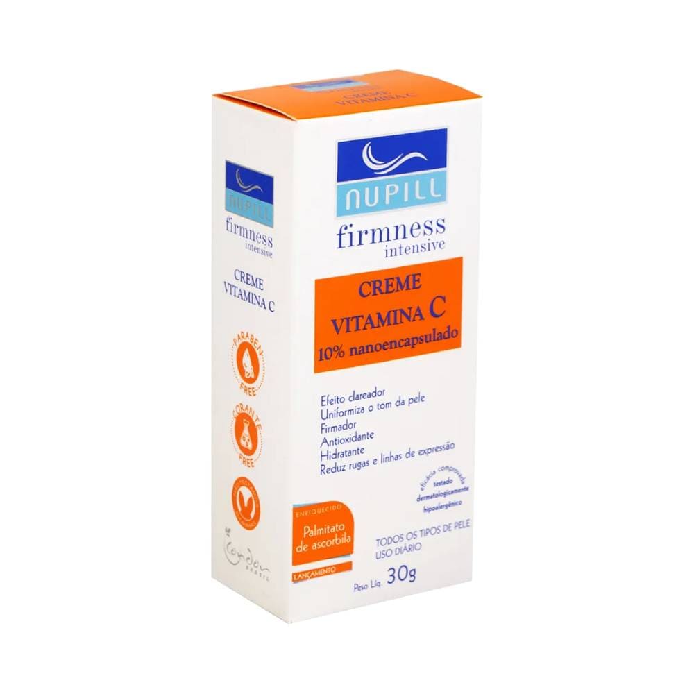 Embalagem lateral do Creme Facial Nupill Firmness Intensive Vitamina C 30g destacando benefícios