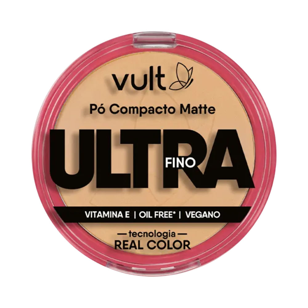 Pó Compacto Vult Ultra Fino Matte V430 embalagem fechada com tampa transparente e borda rosa