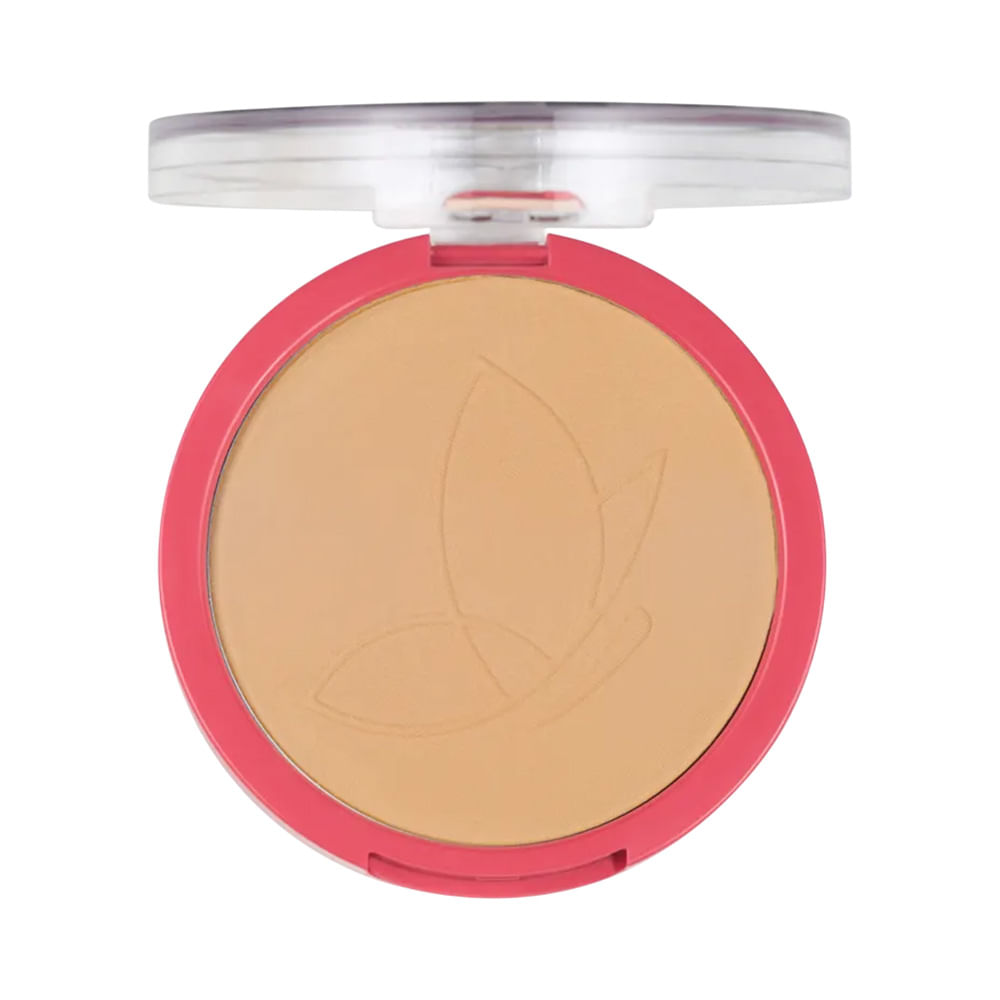 Pó Compacto Vult Ultra Fino Matte V430 aberto vista superior com embalagem rosa e pó bege claro