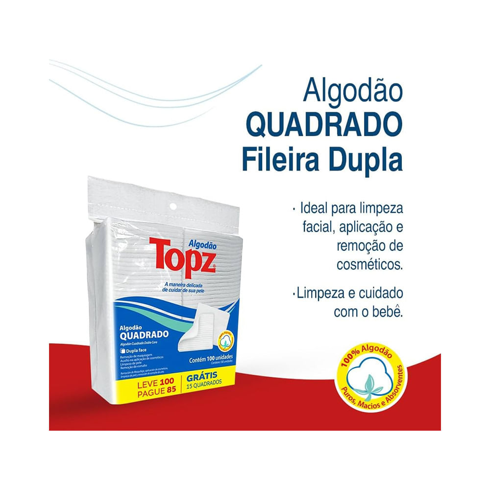 Algodão Topz Quadrado 100 Unidades embalagem com selo 100% algodão e destaque para promoção