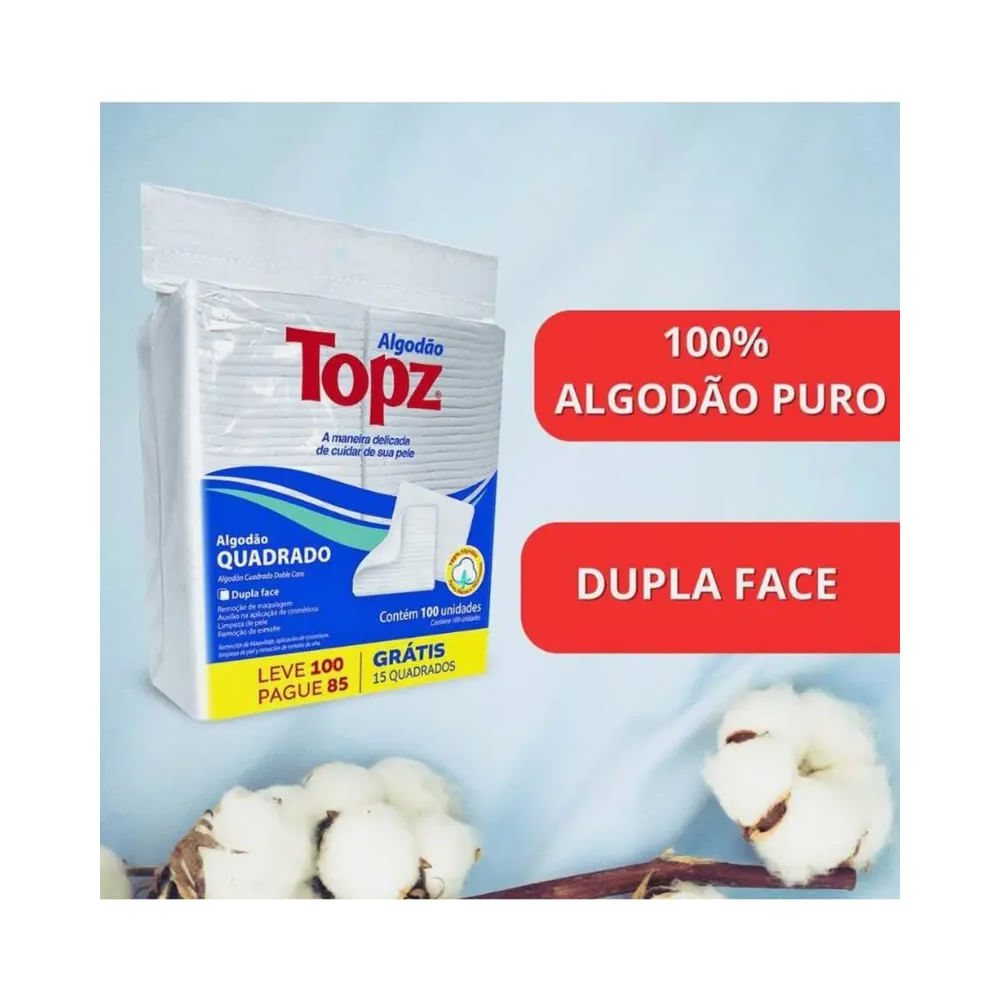 Algodão Topz Quadrado 100 Unidades embalagem com algodão natural ao redor