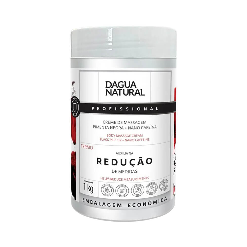 Creme para massagem D'Agua Natural Pimenta Negra 1kg em embalagem branca com tampa cinza
