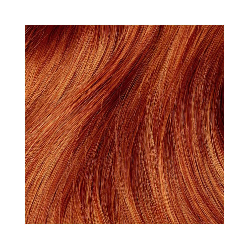 Amostra de cabelo tingido Louro Médio Acobreado com brilho e textura suave