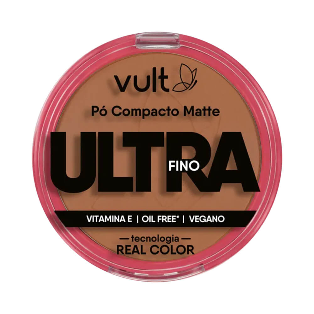 Pó Compacto Vult Ultra Fino Matte na cor V480 com embalagem redonda e tampa transparente