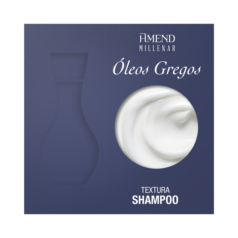 Textura cremosa branca do Shampoo Amend Millenar Óleos Gregos com fundo azul escuro