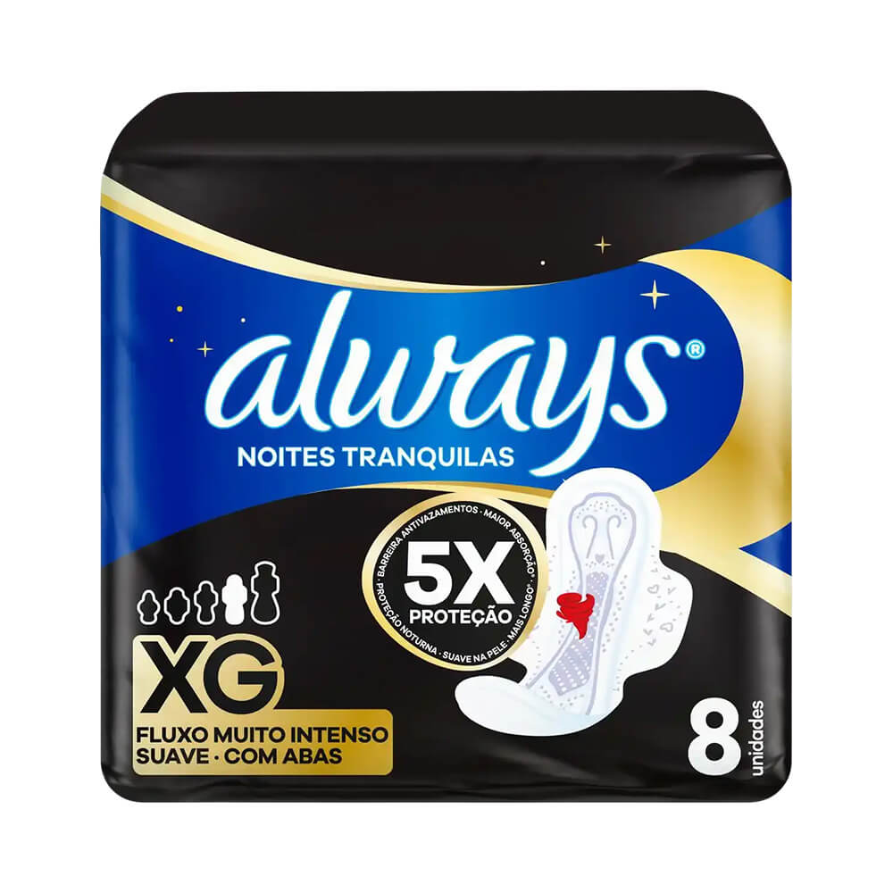 Embalagem do Absorvente Always Noites Tranquilas XG com Abas, 8 unidades