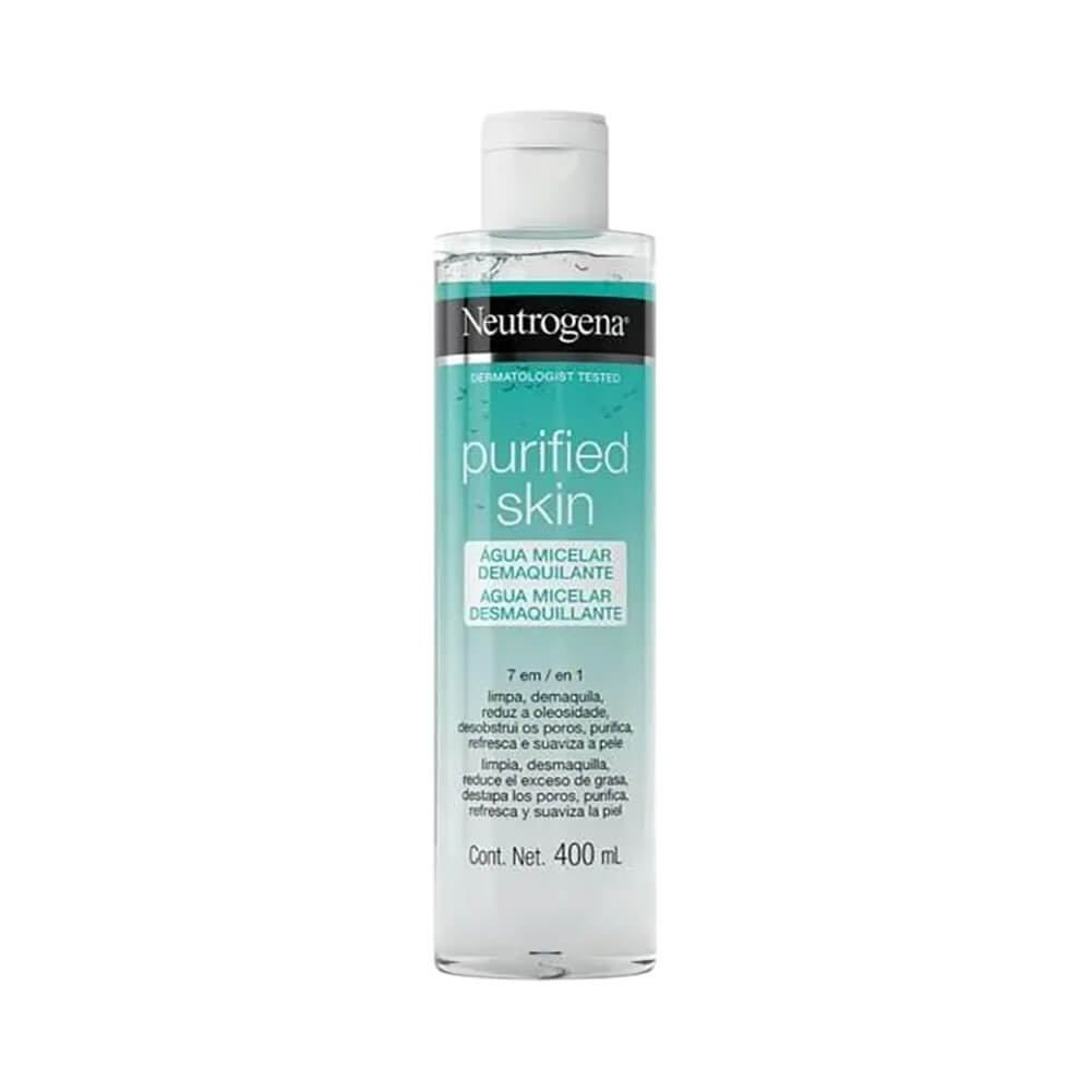 Frontal da embalagem do produto Água Micelar Neutrogena Purified Skin 400ml com líquido claro e rótulo azul degradê.