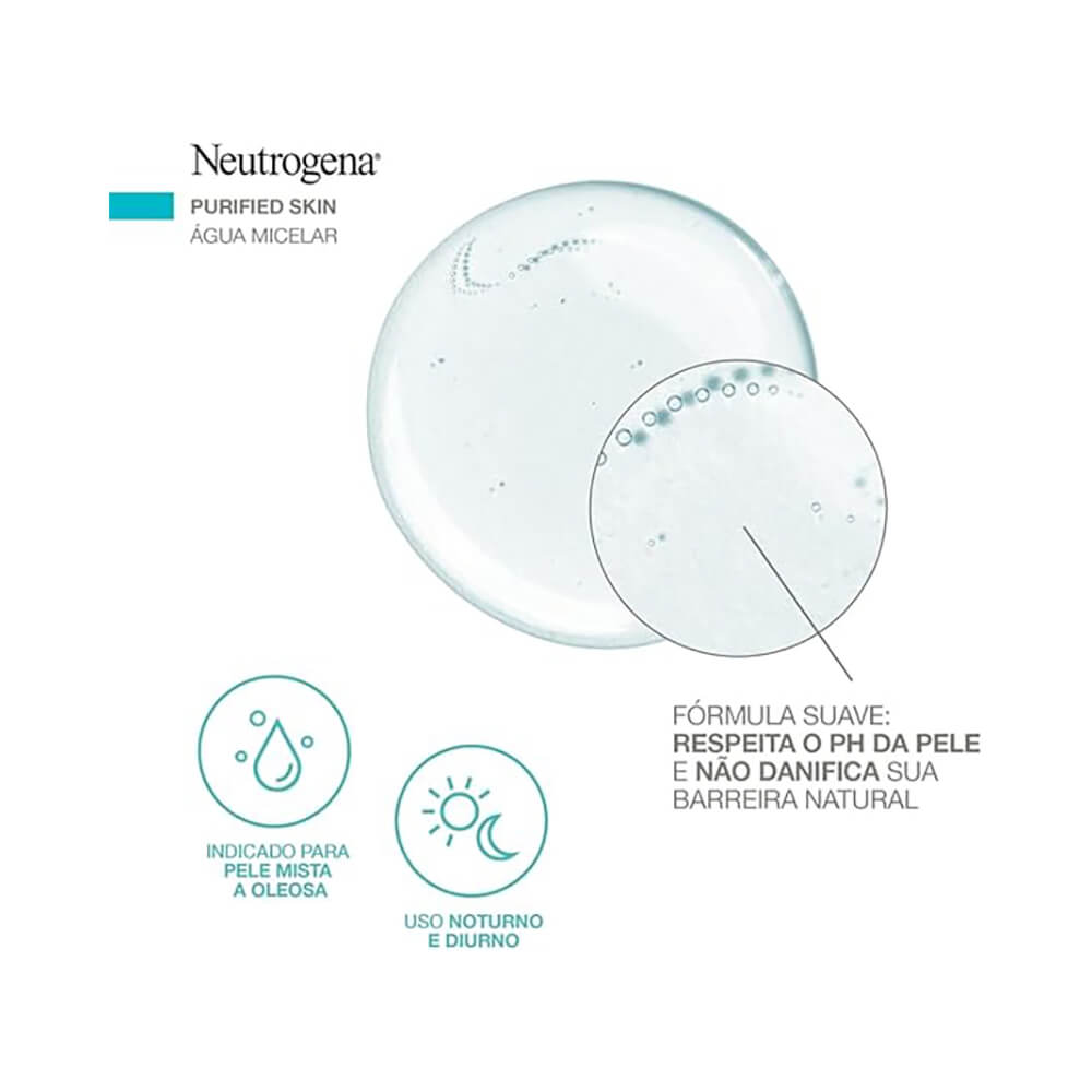 Imagem ilustrativa da fórmula suave da Água Micelar Neutrogena para pele mista a oleosa.