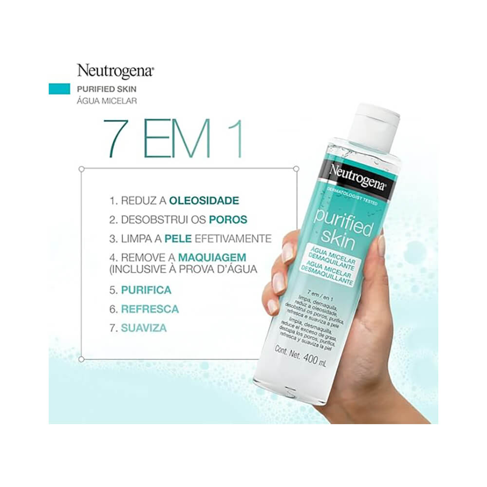 Mão segurando a embalagem da Água Micelar Neutrogena com destaque para os 7 benefícios do produto.