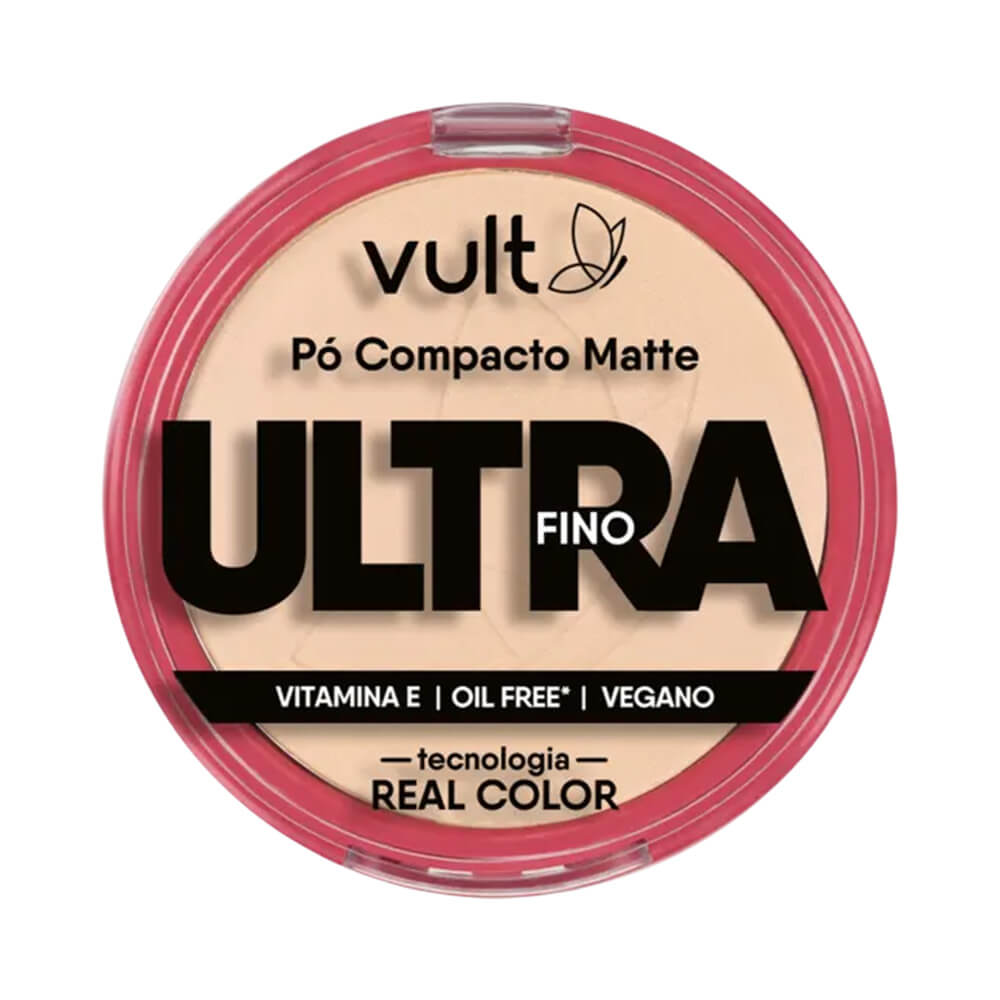 Pó Compacto Vult Ultra Fino Matte V420 embalagem fechada com tampa transparente e borda rosa