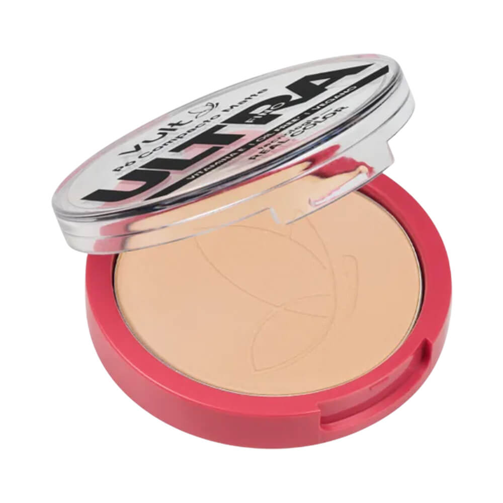 Pó Compacto Vult Ultra Fino Matte V420 aberto mostrando o pó bege claro com relevo de borboleta