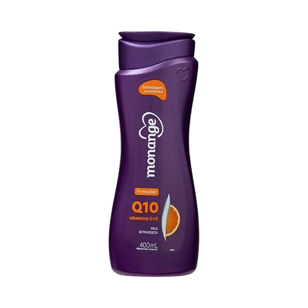 Frasco roxo escuro de hidratante corporal Monange Q10 para pele extrasseca, 400ml