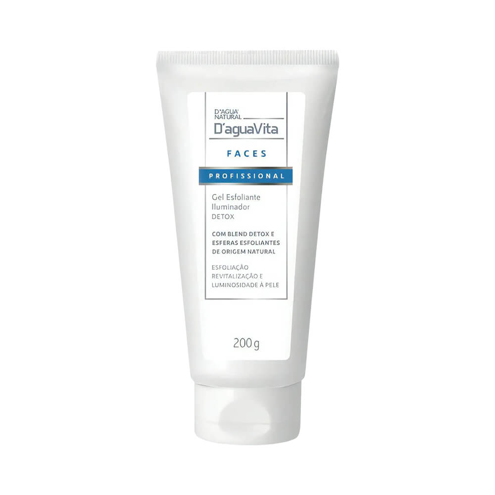 Gel Esfoliante Facial D'agua Natural Vita Faces Iluminador Detox em bisnaga branca com rótulo azul e preto