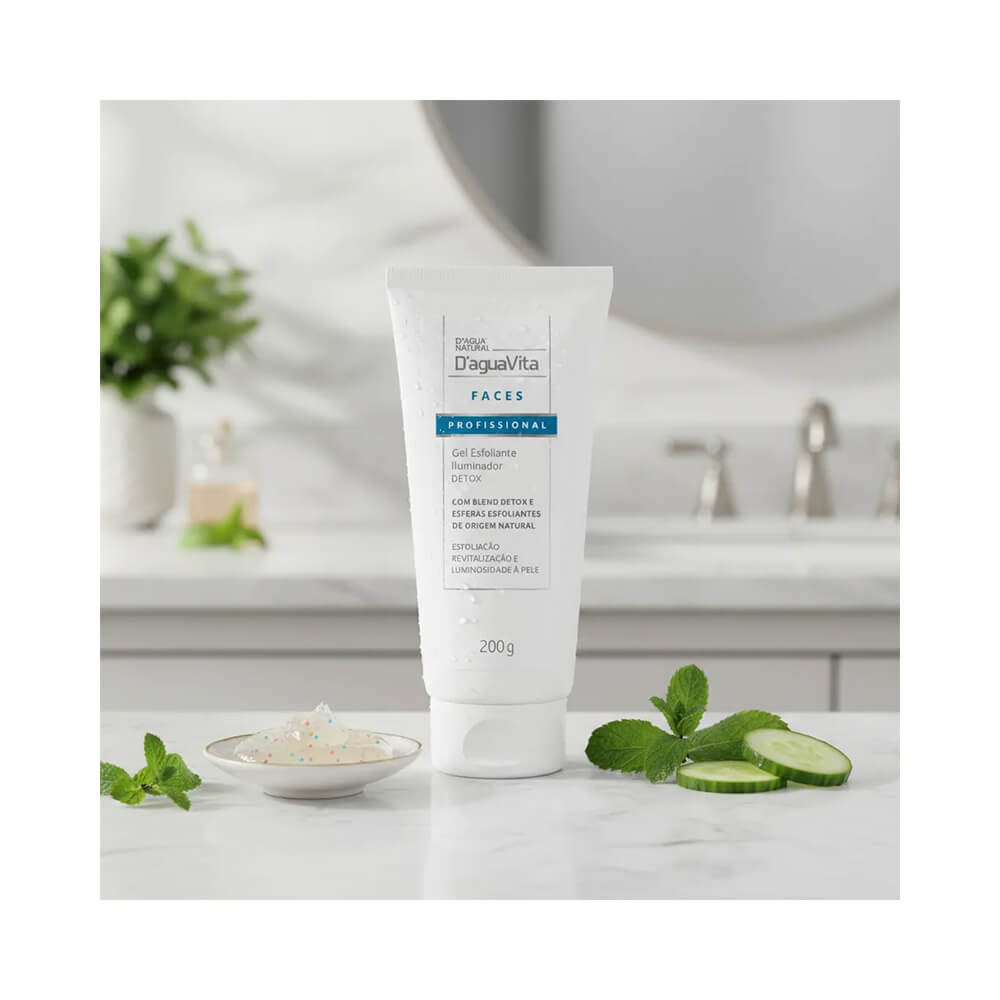 Gel Esfoliante Facial D'agua Natural Vita Faces Iluminador Detox com ingredientes naturais ao redor