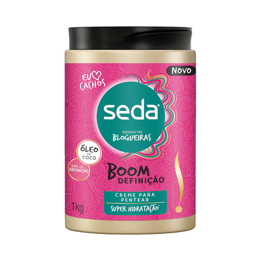 Creme de Pentear Seda Boom Definição 1kg em pote bege com tampa preta e rótulo rosa