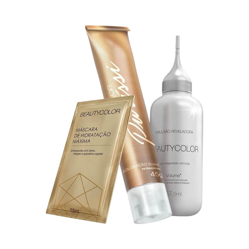 Conteúdo do kit Beauty Color Purissi 76.44 Ruivo Natural com coloração, emulsão reveladora e máscara de hidratação