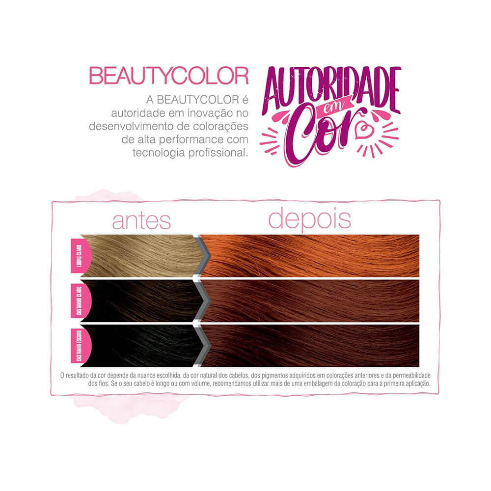 Antes e depois da coloração Beauty Color Purissi 76.44 Ruivo Natural mostrando transformação de tons