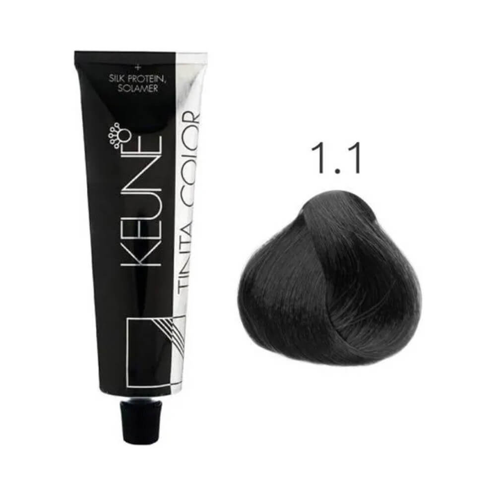 Imagem mostrando a coloração Keune Preto Azulado e amostra da cor em mecha sintética.