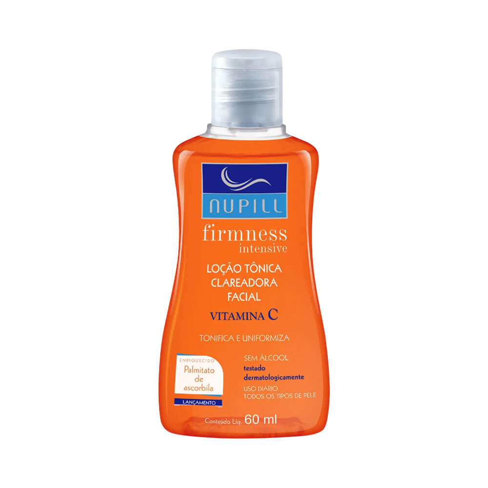 Loção Tônica Clareadora Facial Nupill Firmness Intensive Vitamina C 60ml em embalagem laranja translúcida com tampa branca