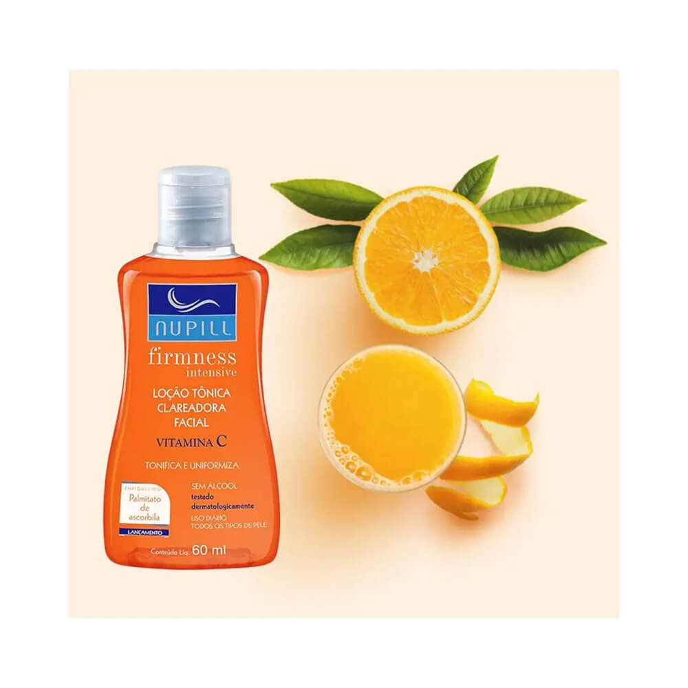 Loção Tônica Clareadora Facial Nupill Firmness Intensive Vitamina C 60ml ao lado de uma laranja cortada ao meio