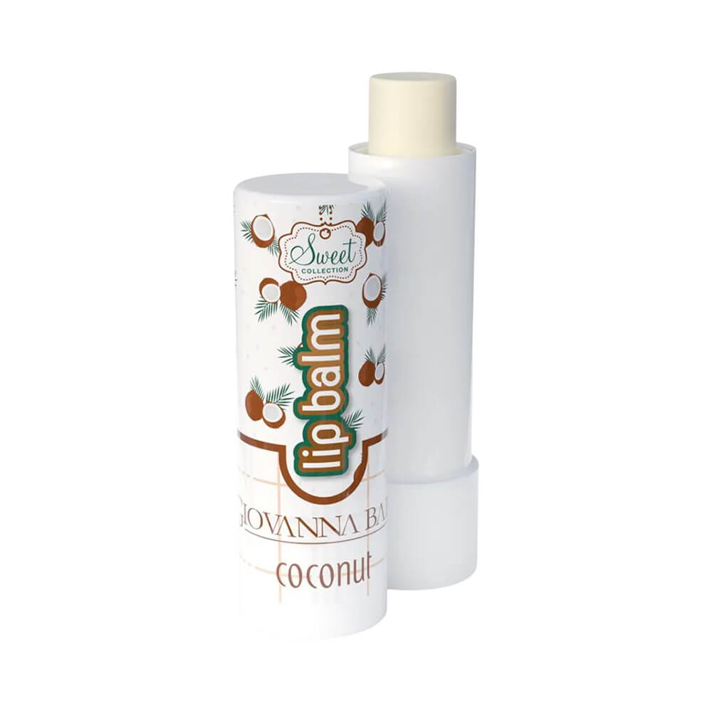 Lip Balm Giovanna Baby Coconut embalagem branca com ilustrações de cocos e folhas verdes, produto aberto mostrando cor bege claro