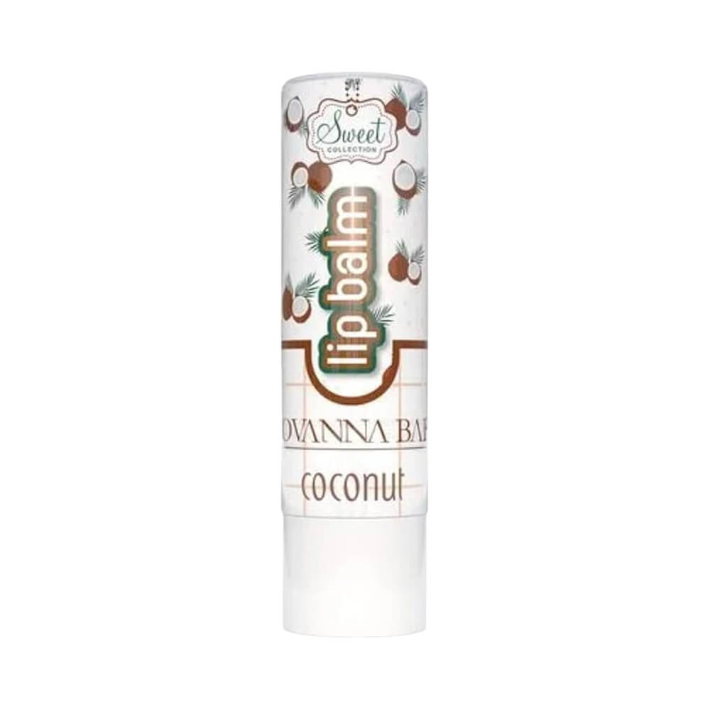 Lip Balm Giovanna Baby Coconut embalagem branca com desenhos de cocos e folhas verdes, produto fechado
