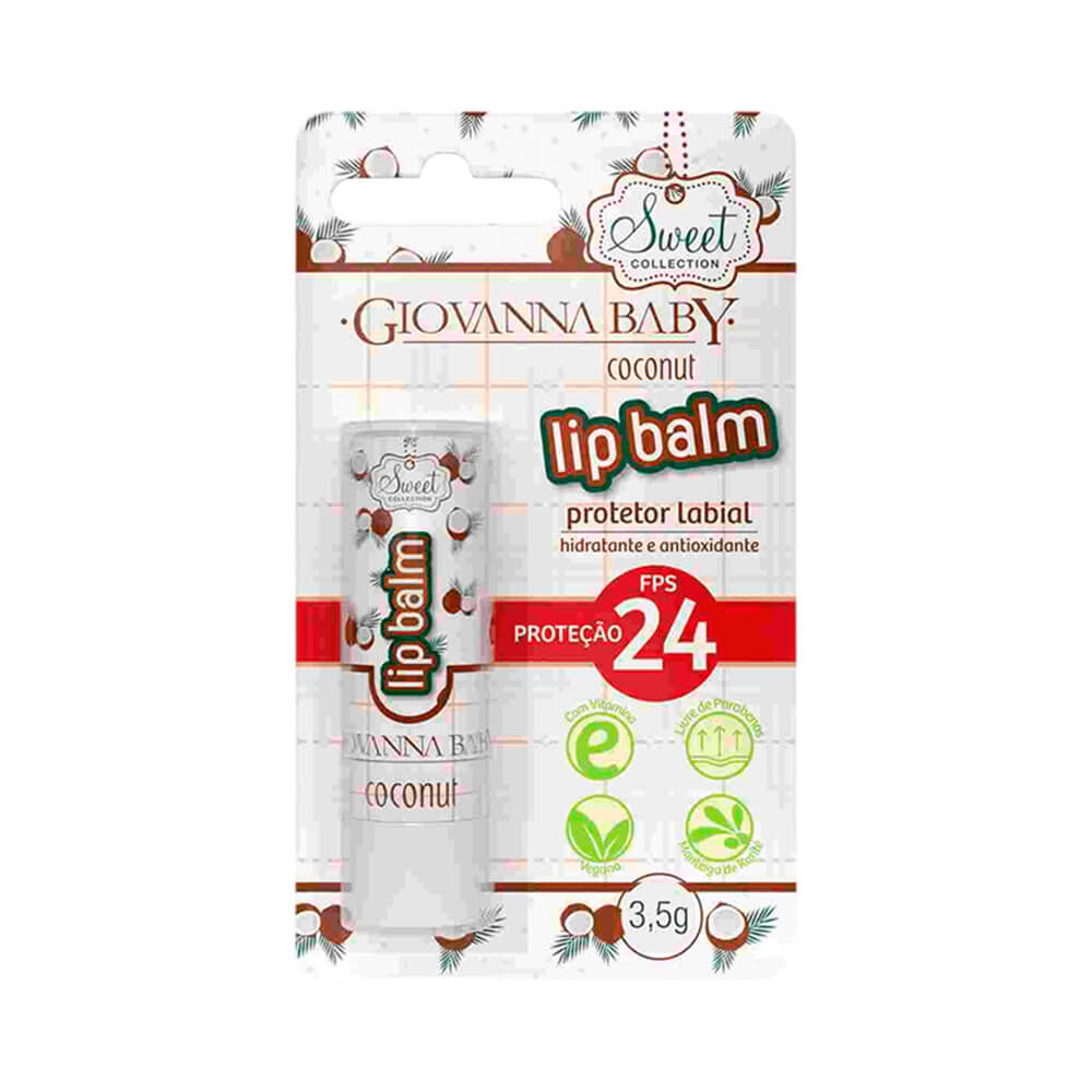 Embalagem blister transparente do Lip Balm Giovanna Baby Coconut com detalhes em vermelho e informações do produto