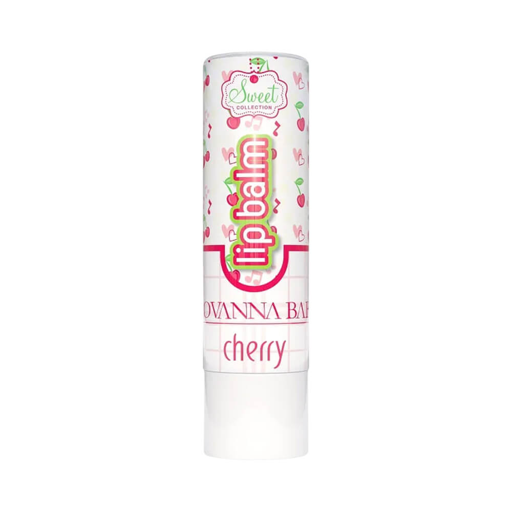 Imagem frontal do Lip Balm Giovanna Baby Cherry, embalagem branca com estampa de cerejas vermelhas e verdes.
