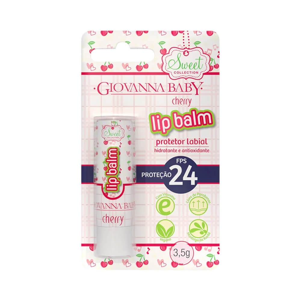 Lip Balm Giovanna Baby Cherry na embalagem blister com detalhes em rosa e cerejas.