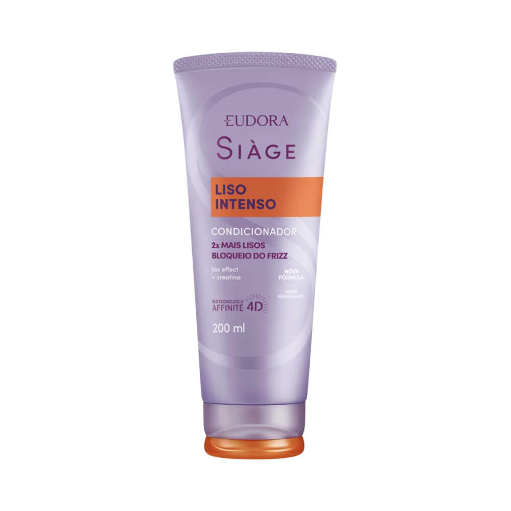 Condicionador Siàge Liso Intenso Eudora 200ml embalagem lilás com tampa laranja