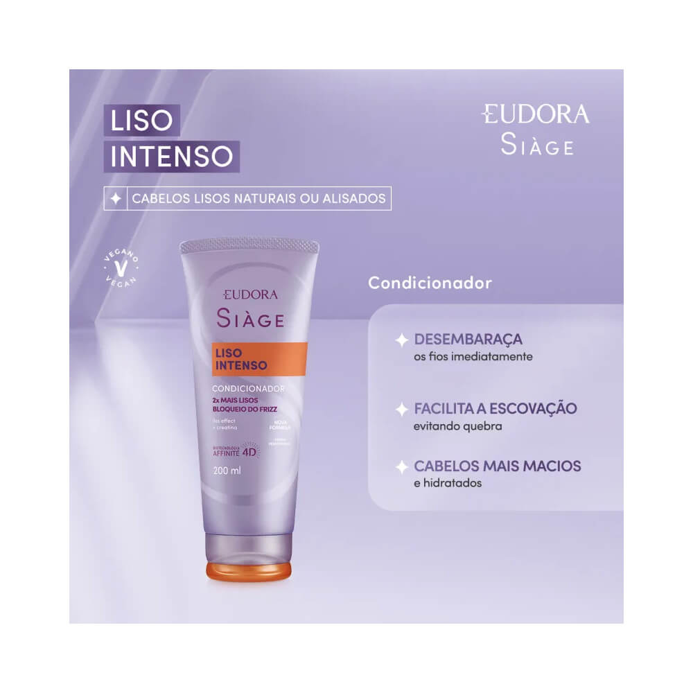Condicionador Siàge Liso Intenso Eudora com fundo lilás e texto de benefícios