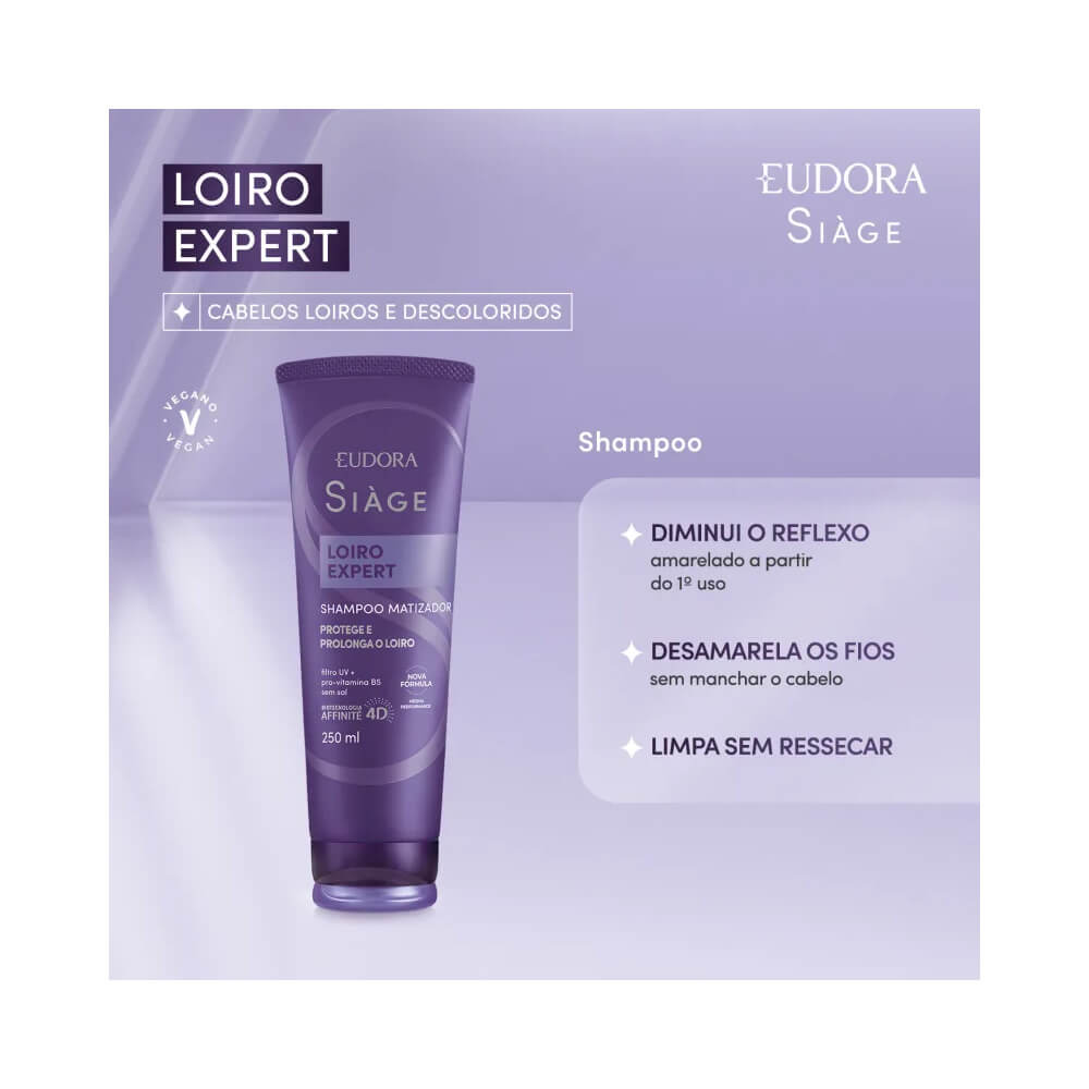 Shampoo Siàge Loiro Expert Eudora embalagem roxa em destaque com benefícios