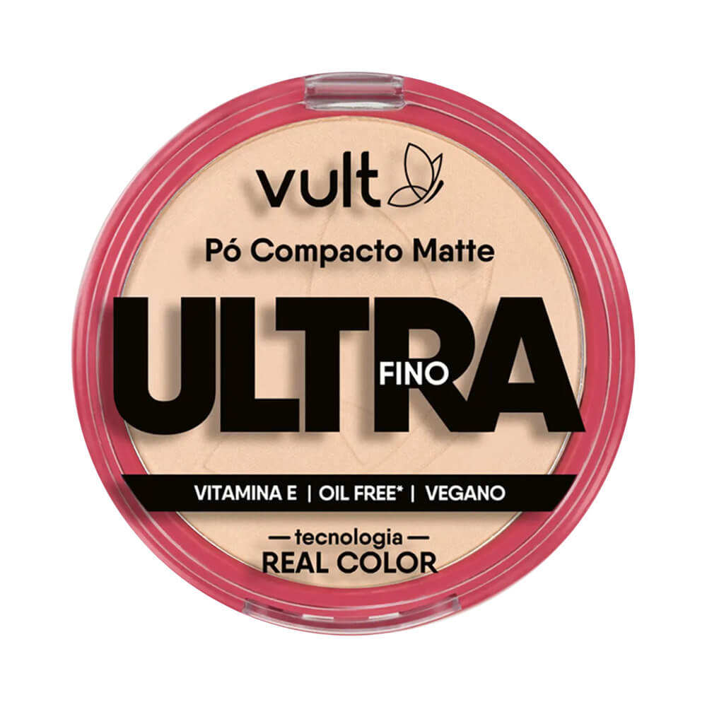 Pó Compacto Vult Ultra Fino Matte V400 embalagem fechada com tampa transparente e borda rosa