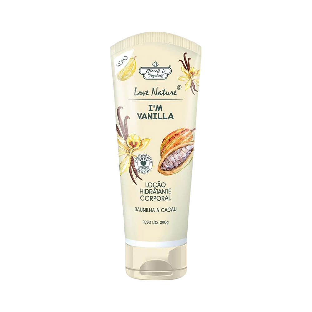 Loção Hidratante Folhas e Vegetais Baunilha e Cacau 200g com embalagem bege claro e ilustrações de baunilha e cacau