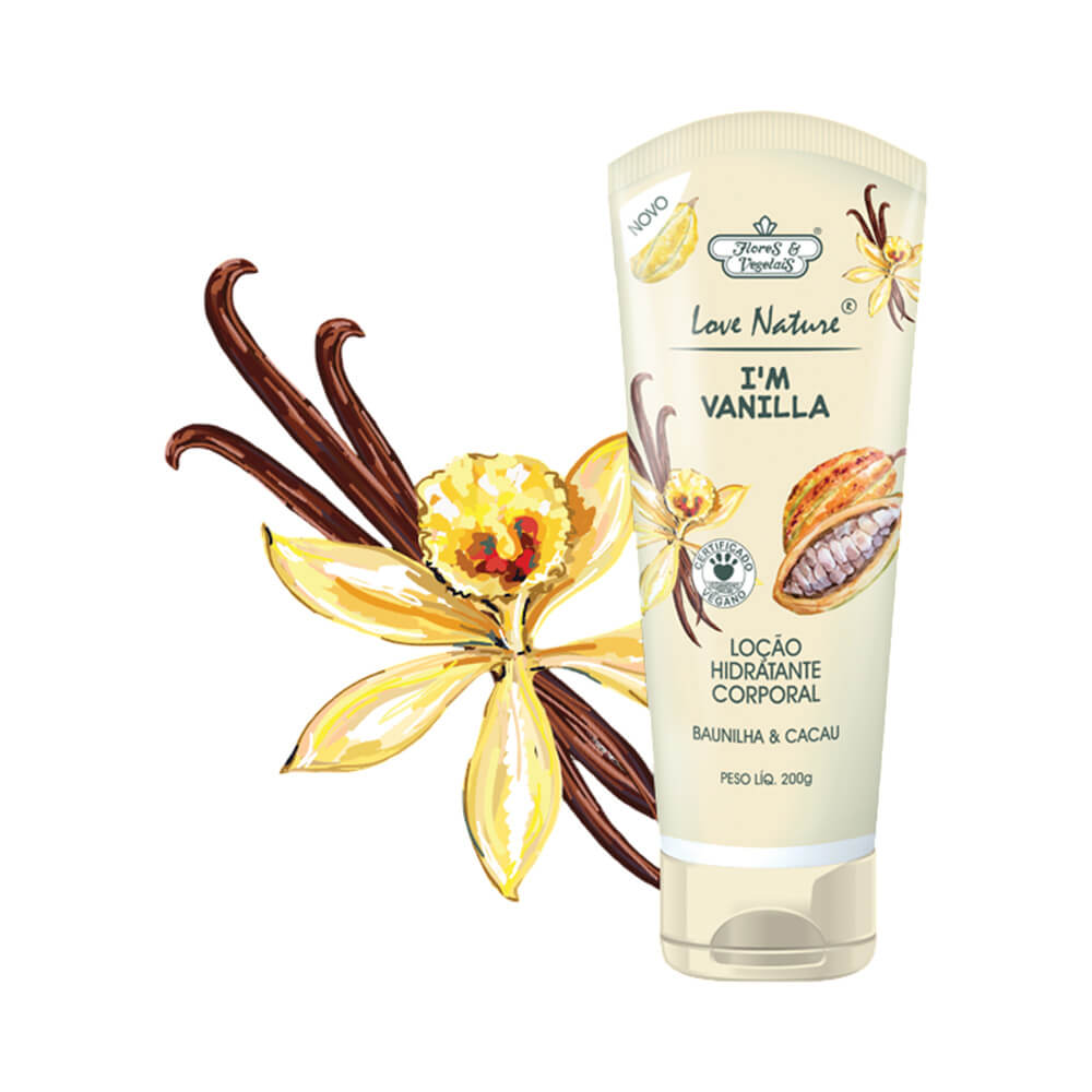 Loção Hidratante Folhas e Vegetais Baunilha e Cacau 200g com tampa flip-top e ilustrações de baunilha e cacau