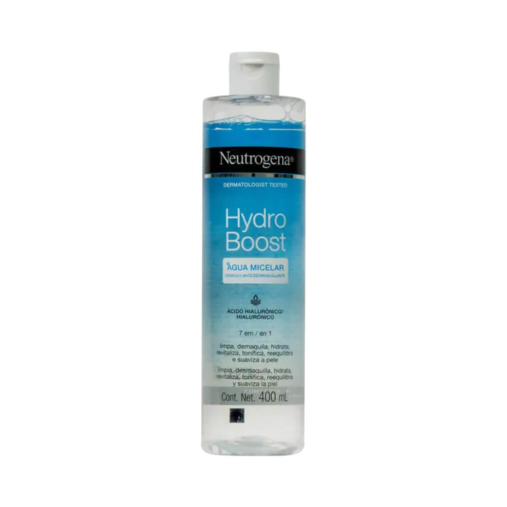 Frontal da embalagem da Água Micelar Neutrogena Hydro Boost 7 em 1 Demaquilante, frasco transparente com líquido azul e tampa branca