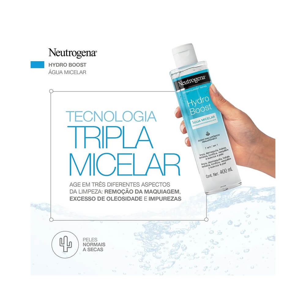 Mão segurando frasco da Água Micelar Neutrogena Hydro Boost 7 em 1 Demaquilante, destacando tecnologia tripla micelar