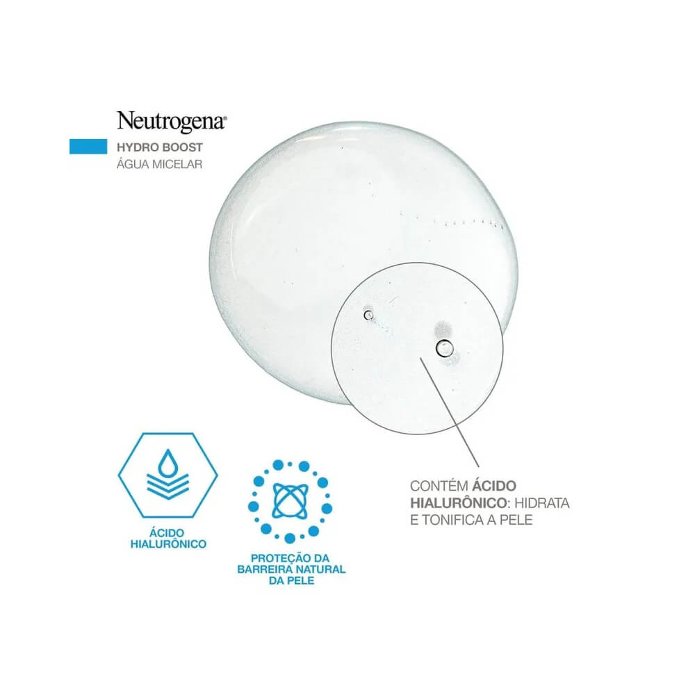 Textura da Água Micelar Neutrogena Hydro Boost mostrando gota transparente com ácido hialurônico