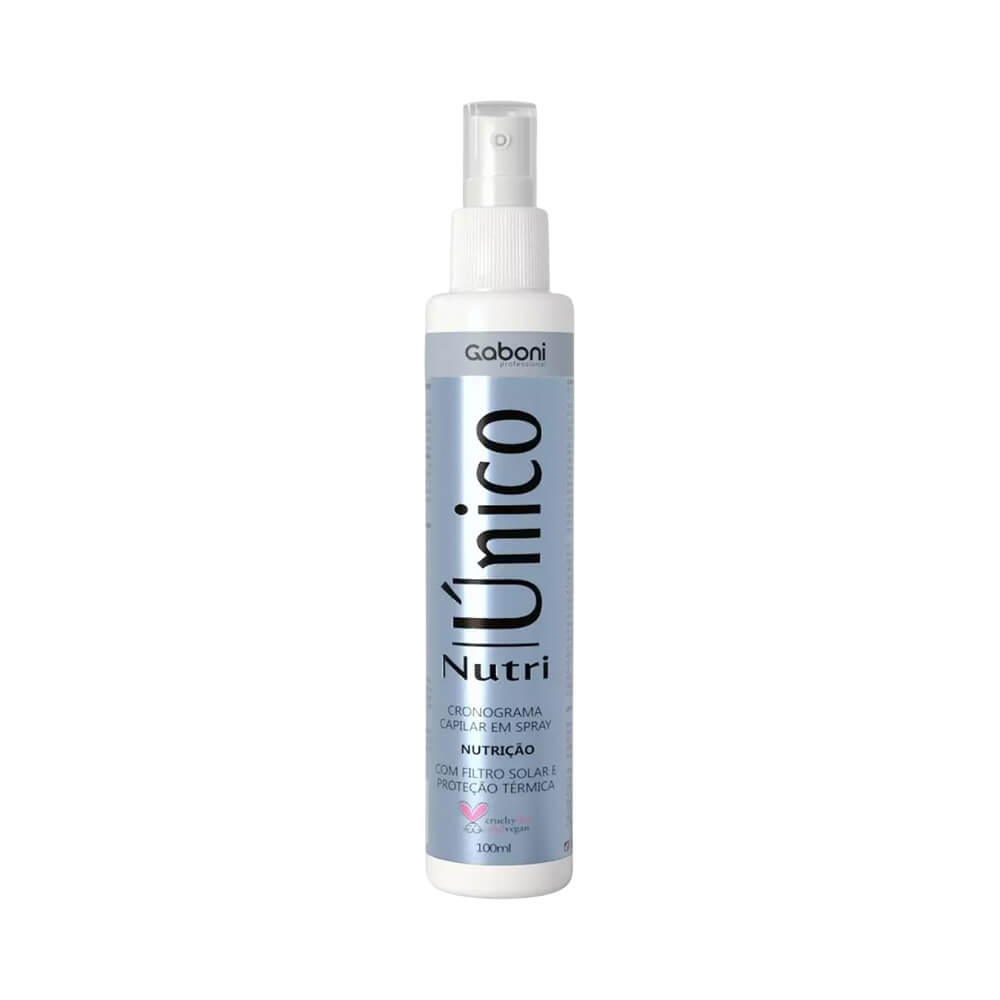 Imagem frontal do Spray Termoativo Gaboni Nutri Único 100ml, embalagem branca com rótulo azul claro